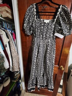 Cleobella Black and White Printed Puff-Sleeve Maxi Dress
